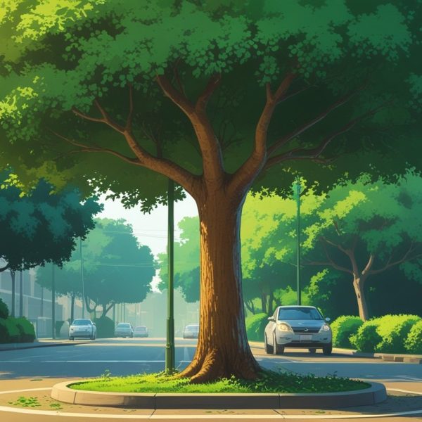 Uma árvore comum em uma calçada de rua no Rio de Janeiro, com folhas verdes e tronco marrom, ao lado de uma rua pavimentada com carros estacionados.