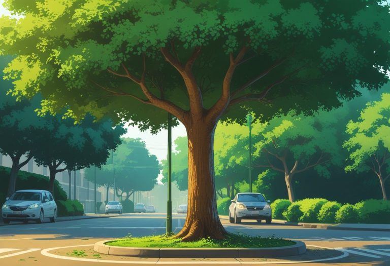 Uma árvore comum em uma calçada de rua no Rio de Janeiro, com folhas verdes e tronco marrom, ao lado de uma rua pavimentada com carros estacionados.