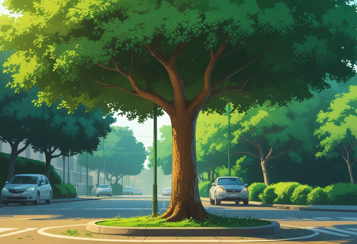 Uma árvore comum em uma calçada de rua no Rio de Janeiro, com folhas verdes e tronco marrom, ao lado de uma rua pavimentada com carros estacionados.