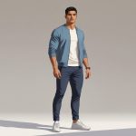 Homem jovem em pé, com postura confiante, vestindo roupas casuais em um fundo simples.