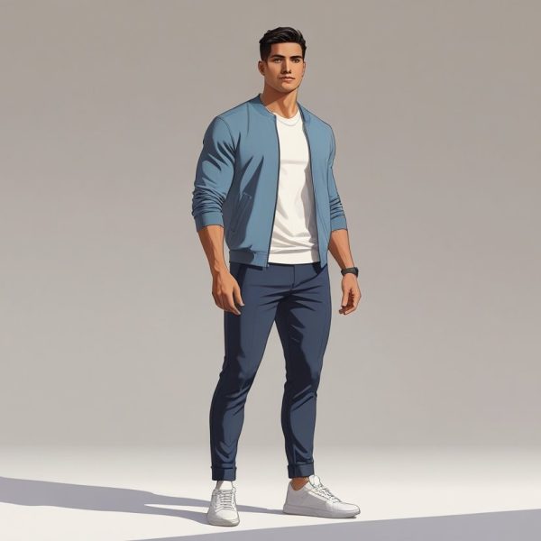 Homem jovem em pé, com postura confiante, vestindo roupas casuais em um fundo simples.