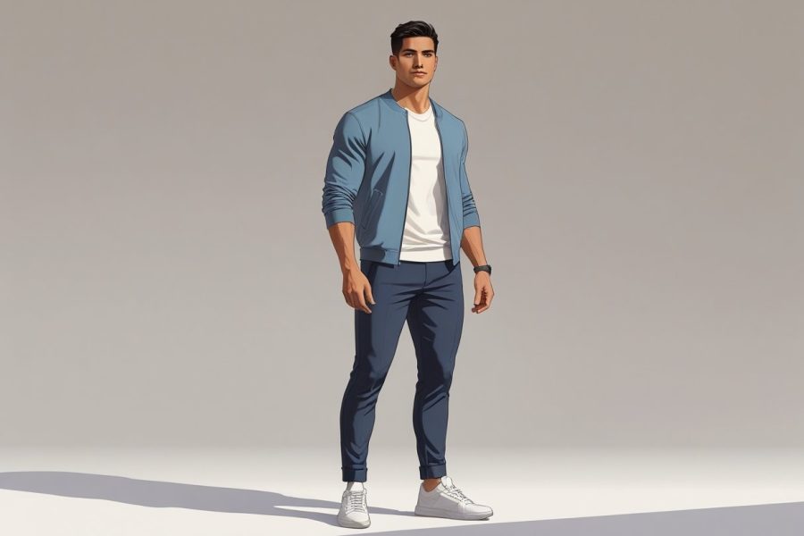 Homem jovem em pé, com postura confiante, vestindo roupas casuais em um fundo simples.