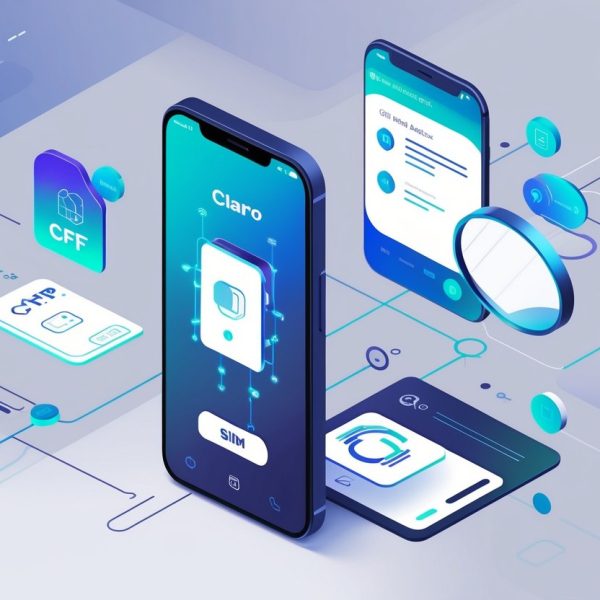 Ilustração mostrando um smartphone com ícones representando um chip de celular e um documento CPF, com elementos digitais ao redor simbolizando a busca de informações sobre o cadastro do chip.
