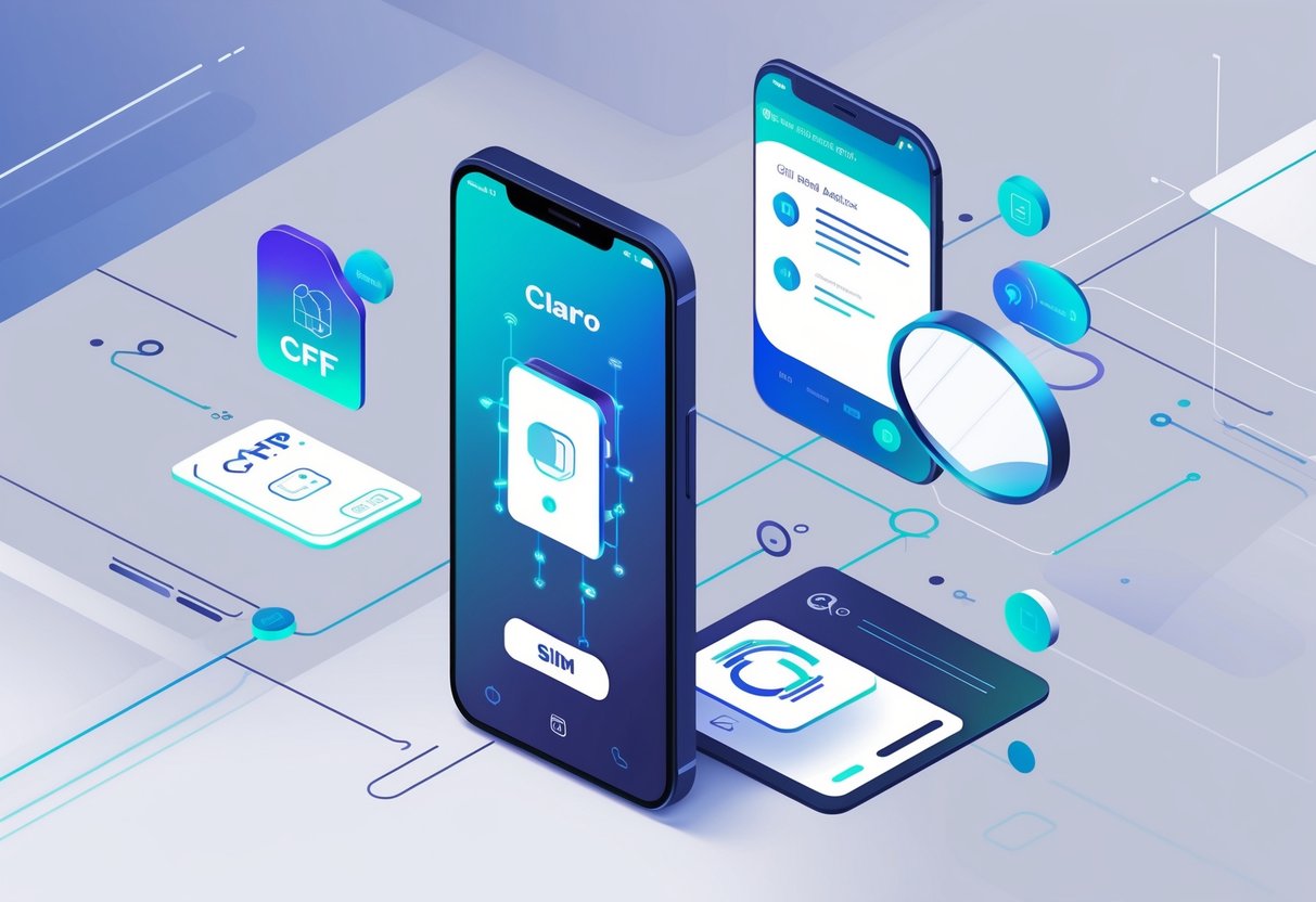 Ilustração mostrando um smartphone com ícones representando um chip de celular e um documento CPF, com elementos digitais ao redor simbolizando a busca de informações sobre o cadastro do chip.