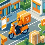 Pessoa entregadora em uma moto passando por uma rua com lojas e casas, com um calendário destacando o domingo.