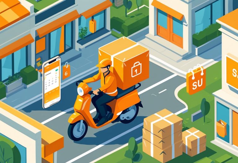 Pessoa entregadora em uma moto passando por uma rua com lojas e casas, com um calendário destacando o domingo.