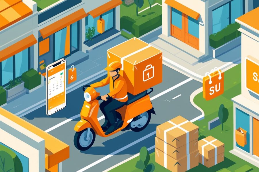 Pessoa entregadora em uma moto passando por uma rua com lojas e casas, com um calendário destacando o domingo.