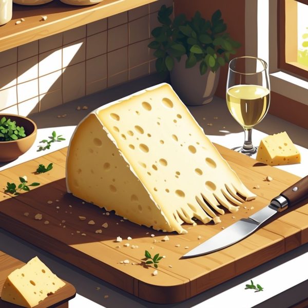 Cozinha com uma tábua de corte contendo um pedaço grande de queijo cremoso e úmido, uma faca de queijo, um pequeno recipiente com ervas e um copo de vinho branco sobre o balcão.