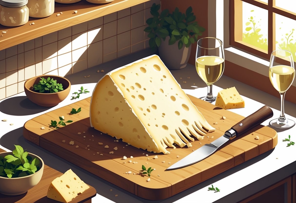 Cozinha com uma tábua de corte contendo um pedaço grande de queijo cremoso e úmido, uma faca de queijo, um pequeno recipiente com ervas e um copo de vinho branco sobre o balcão.