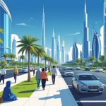 Cena urbana em Dubai com prédios altos, pessoas caminhando e uma pessoa sentada na calçada pedindo ajuda.