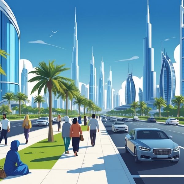 Cena urbana em Dubai com prédios altos, pessoas caminhando e uma pessoa sentada na calçada pedindo ajuda.