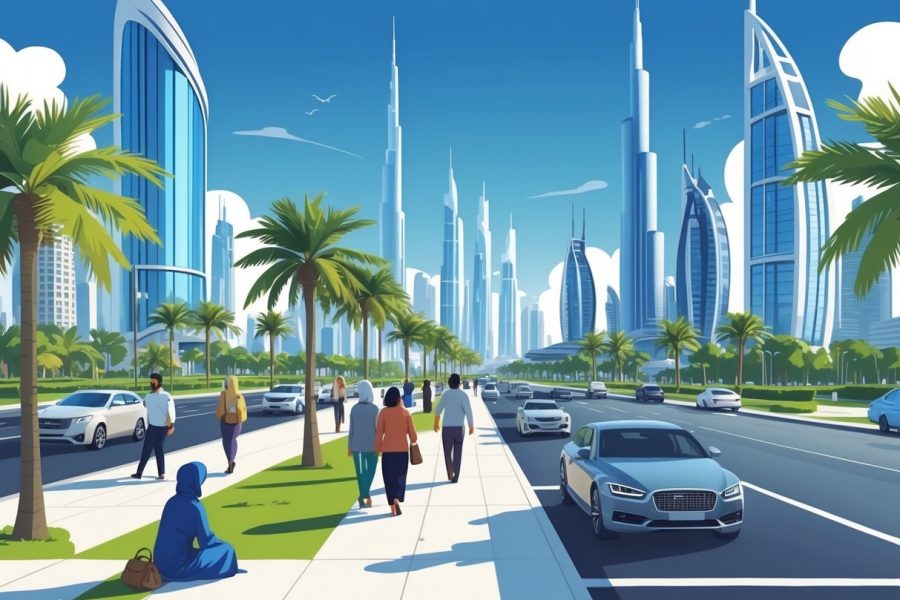 Cena urbana em Dubai com prédios altos, pessoas caminhando e uma pessoa sentada na calçada pedindo ajuda.