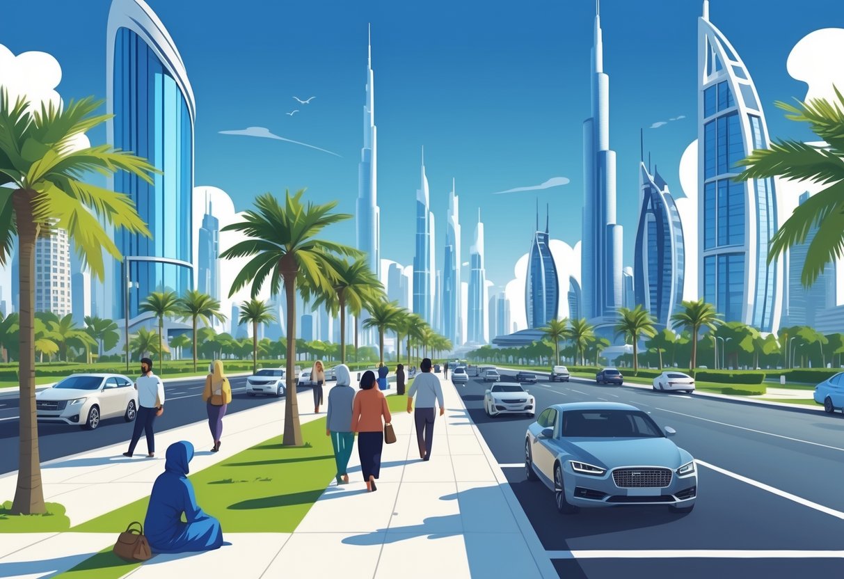 Cena urbana em Dubai com prédios altos, pessoas caminhando e uma pessoa sentada na calçada pedindo ajuda.