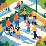 Crianças e adultos em um parque comunitário, incluindo um menino em cadeira de rodas, interagindo de forma amigável e inclusiva.