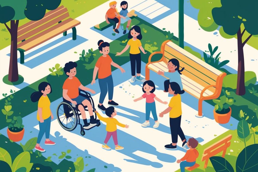 Crianças e adultos em um parque comunitário, incluindo um menino em cadeira de rodas, interagindo de forma amigável e inclusiva.