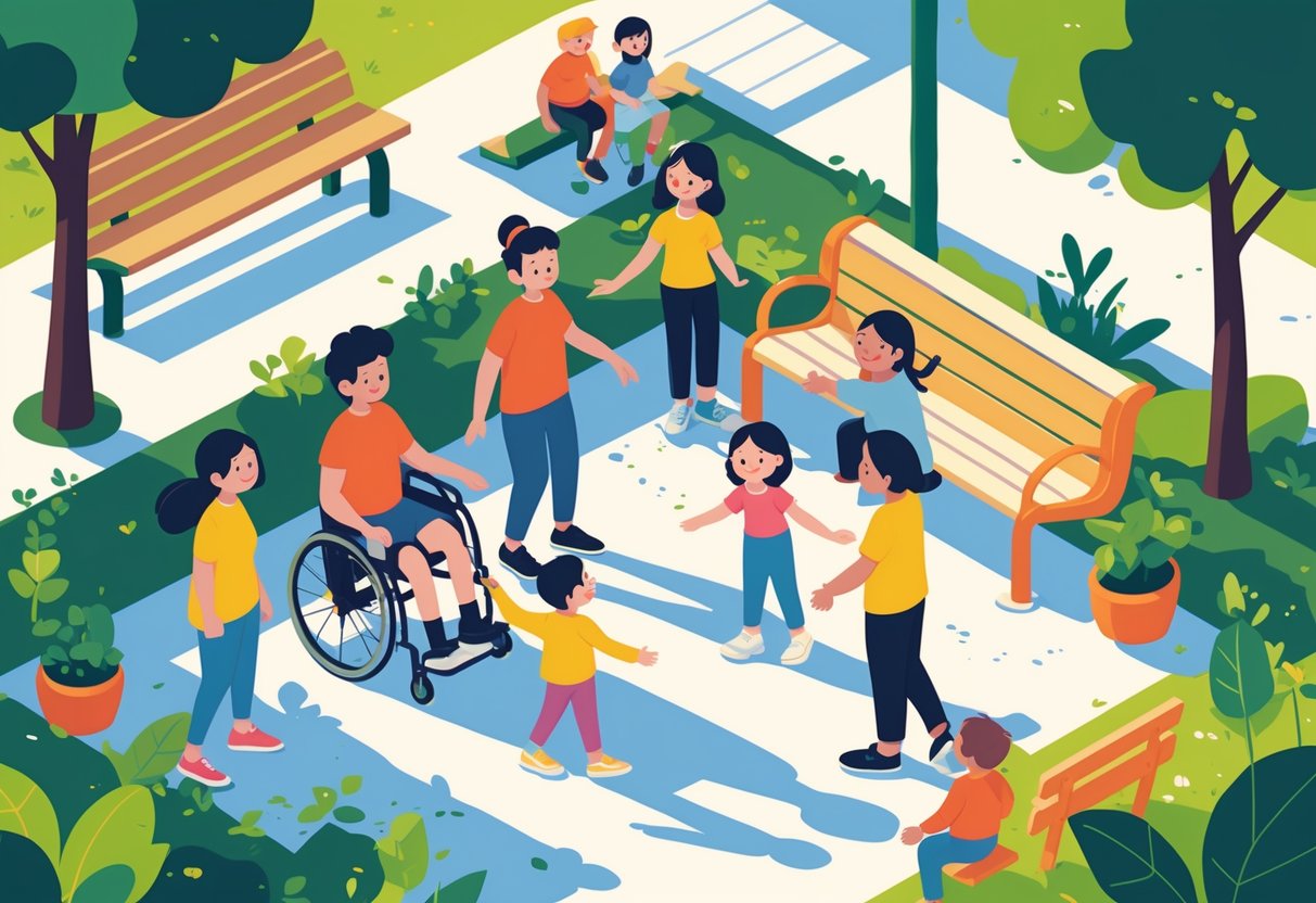 Crianças e adultos em um parque comunitário, incluindo um menino em cadeira de rodas, interagindo de forma amigável e inclusiva.