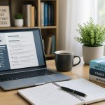 Mesa de trabalho organizada com laptop, caderno, caneta e uma xícara de café, em um ambiente iluminado por luz natural.