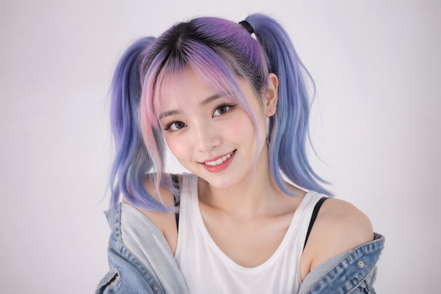 Jovem mulher sorridente com cabelo colorido e aparência inspirada em anime, em um estúdio com fundo neutro e iluminação suave.