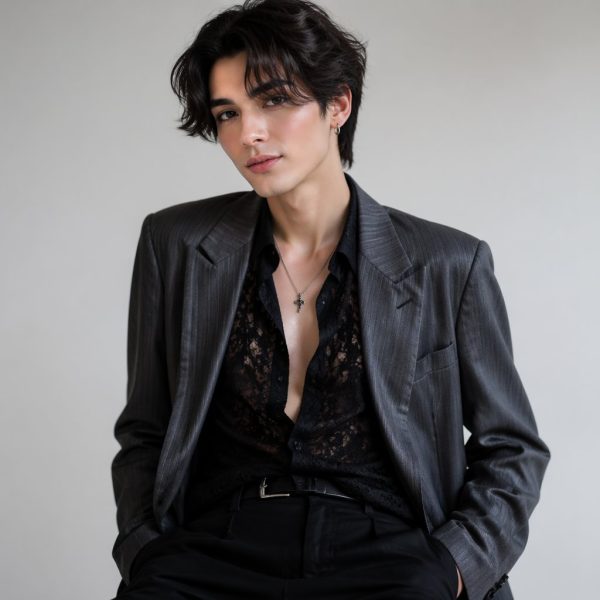 Pessoa jovem com aparência andrógina, cabelo estiloso e roupas modernas, posando com expressão confiante em fundo neutro.