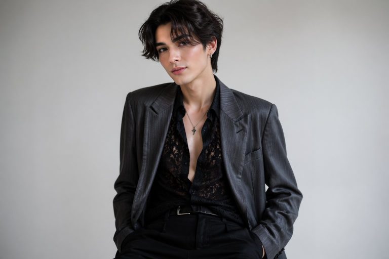 Pessoa jovem com aparência andrógina, cabelo estiloso e roupas modernas, posando com expressão confiante em fundo neutro.