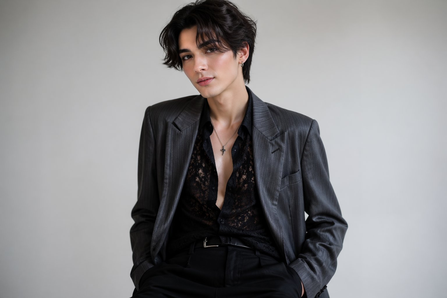 Pessoa jovem com aparência andrógina, cabelo estiloso e roupas modernas, posando com expressão confiante em fundo neutro.