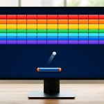 Tela de computador exibindo um jogo de quebra-blocos com blocos coloridos e uma barra para rebater a bola.
