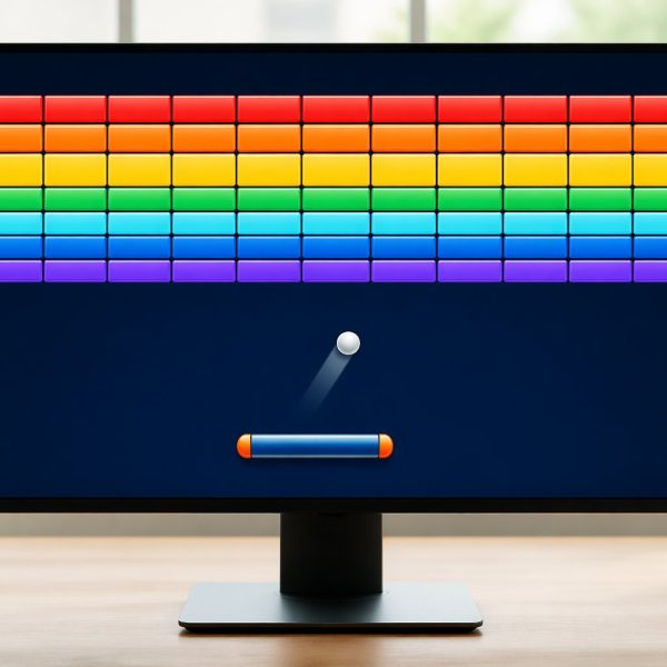 Tela de computador exibindo um jogo de quebra-blocos com blocos coloridos e uma barra para rebater a bola.