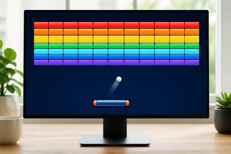 Tela de computador exibindo um jogo de quebra-blocos com blocos coloridos e uma barra para rebater a bola.