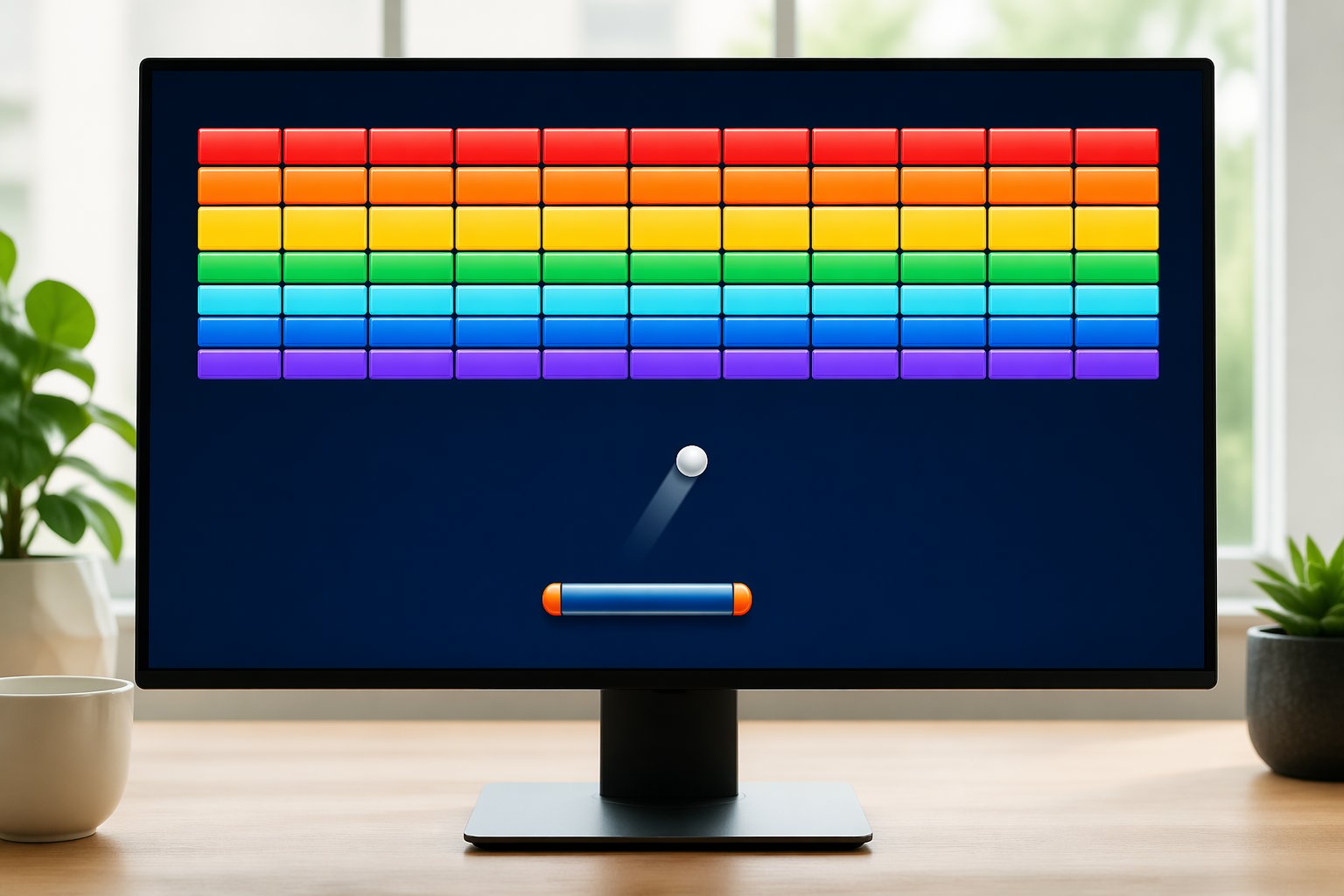 Tela de computador exibindo um jogo de quebra-blocos com blocos coloridos e uma barra para rebater a bola.