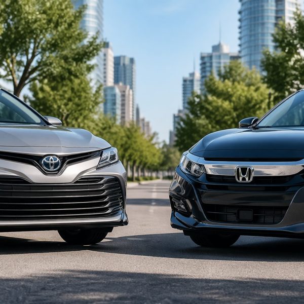 Dois carros modernos, um Toyota e um Honda, estacionados lado a lado em uma rua urbana limpa e iluminada.