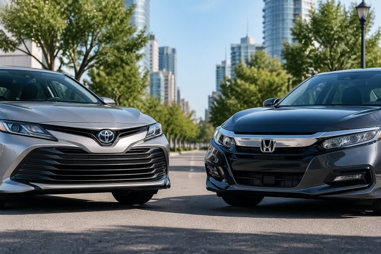Dois carros modernos, um Toyota e um Honda, estacionados lado a lado em uma rua urbana limpa e iluminada.