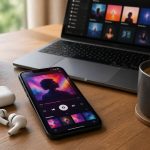 Um smartphone moderno em uma mesa de madeira com fones de ouvido sem fio, um laptop aberto e uma xícara de café.