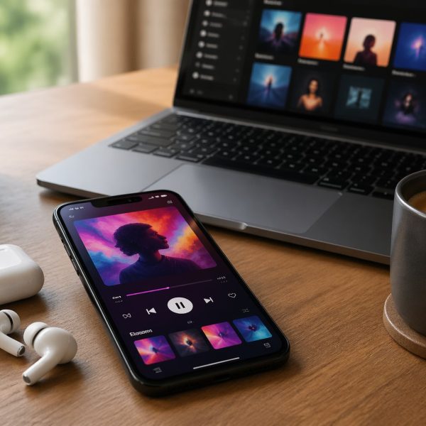 Um smartphone moderno em uma mesa de madeira com fones de ouvido sem fio, um laptop aberto e uma xícara de café.