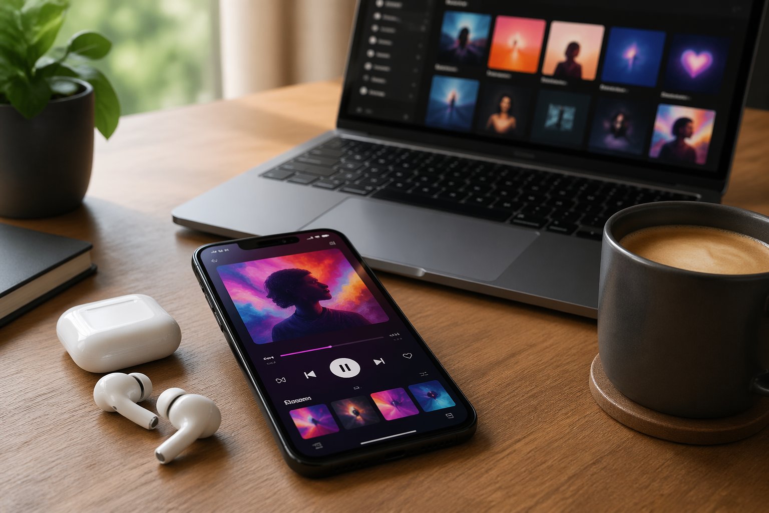 Um smartphone moderno em uma mesa de madeira com fones de ouvido sem fio, um laptop aberto e uma xícara de café.