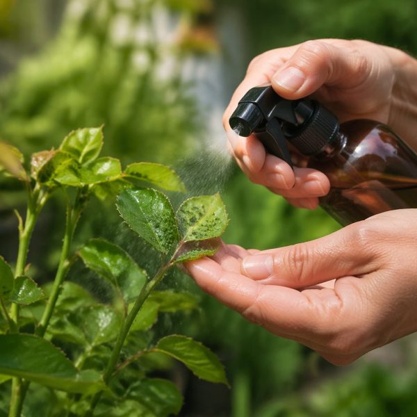 Mãos de jardineiro borrifando planta com inseticida natural para eliminar pulgões em um jardim.