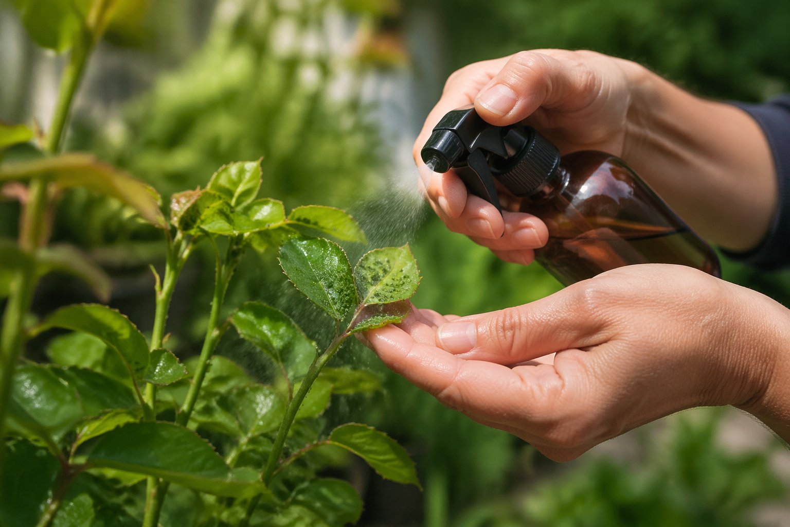 Mãos de jardineiro borrifando planta com inseticida natural para eliminar pulgões em um jardim.