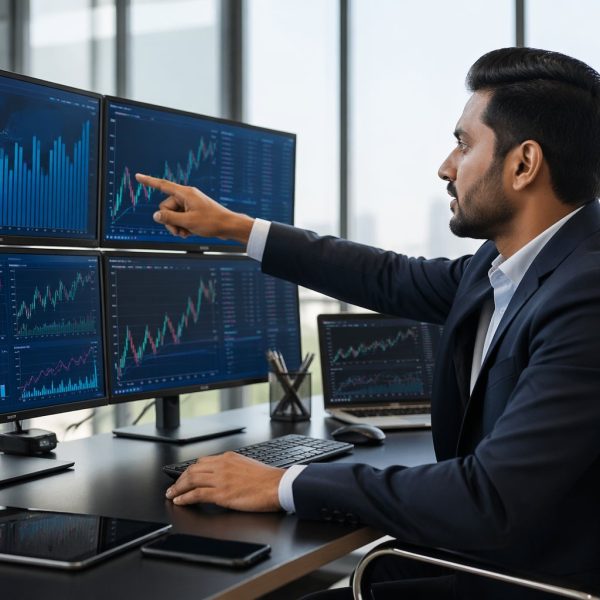 Pessoa profissional trabalhando em um escritório moderno com várias telas digitais exibindo dados e gráficos.