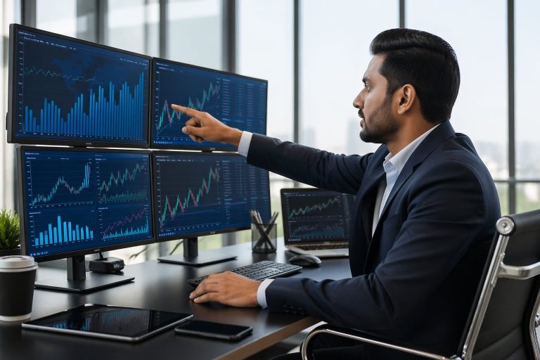 Pessoa profissional trabalhando em um escritório moderno com várias telas digitais exibindo dados e gráficos.