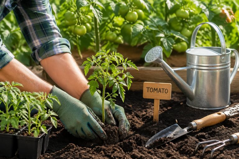 Mãos de jardineiro plantando mudas de tomate em solo fértil em um jardim ensolarado, com plantas de tomate e ferramentas de jardinagem ao redor.
