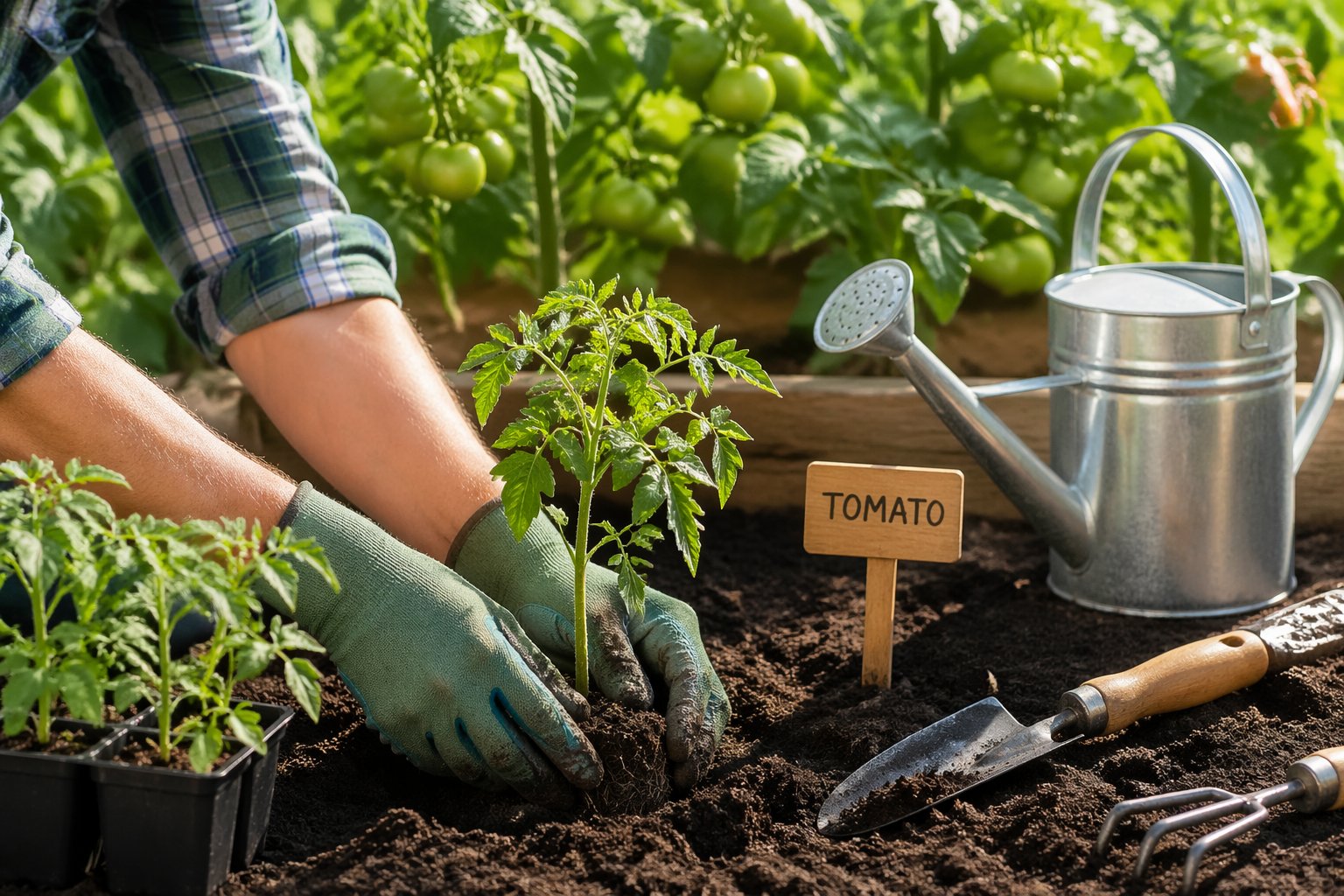 Mãos de jardineiro plantando mudas de tomate em solo fértil em um jardim ensolarado, com plantas de tomate e ferramentas de jardinagem ao redor.
