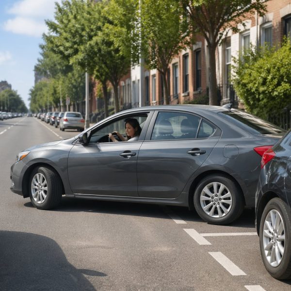 Motorista dirigindo um carro para estacionar paralelamente entre dois veículos em uma rua da cidade.