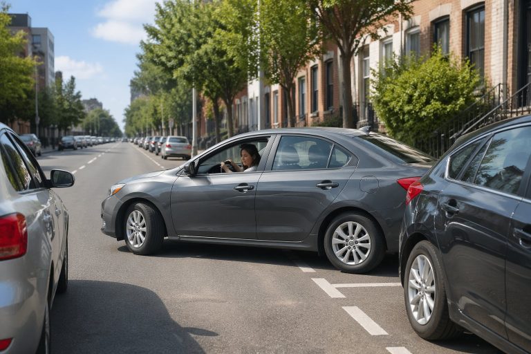 Motorista dirigindo um carro para estacionar paralelamente entre dois veículos em uma rua da cidade.