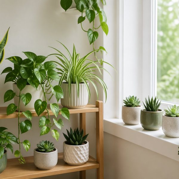 Vários vasos com plantas fáceis de cuidar, como espada-de-são-jorge, jiboia, planta-aranha e suculentas, organizados em prateleiras e peitoris de janela em um ambiente interno bem iluminado.