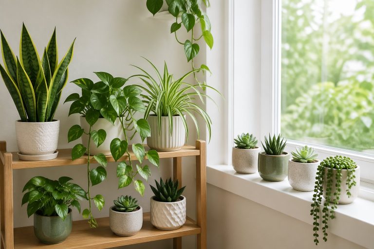 Vários vasos com plantas fáceis de cuidar, como espada-de-são-jorge, jiboia, planta-aranha e suculentas, organizados em prateleiras e peitoris de janela em um ambiente interno bem iluminado.