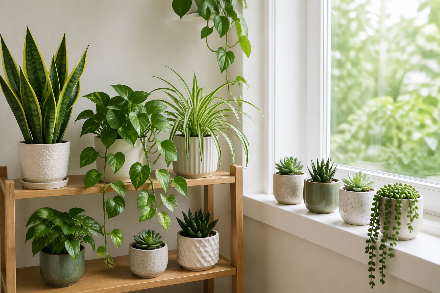 Vários vasos com plantas fáceis de cuidar, como espada-de-são-jorge, jiboia, planta-aranha e suculentas, organizados em prateleiras e peitoris de janela em um ambiente interno bem iluminado.
