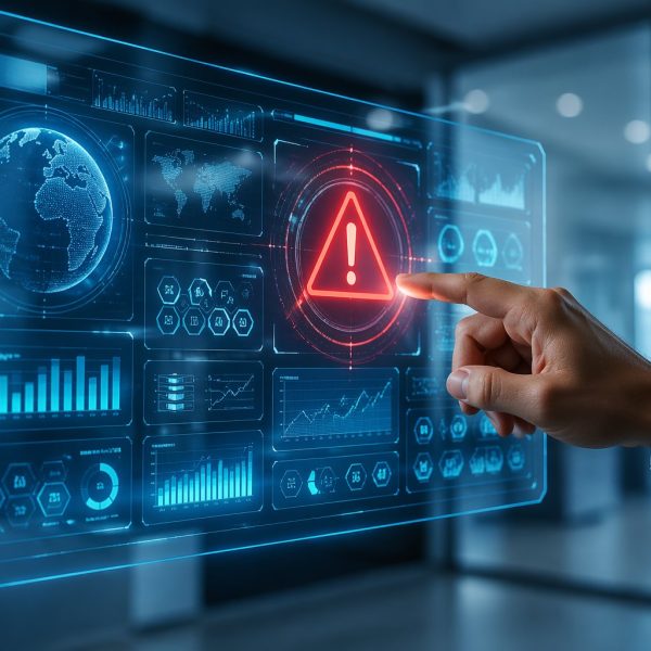 Pessoa interagindo com uma tela holográfica que mostra alertas de atividade suspeita em um ambiente de escritório moderno.