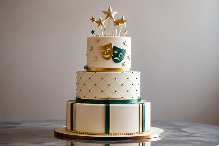 Bolo elegante decorado com detalhes verdes e dourados, com enfeites pequenos no topo, colocado sobre uma superfície refletiva com fundo neutro.
