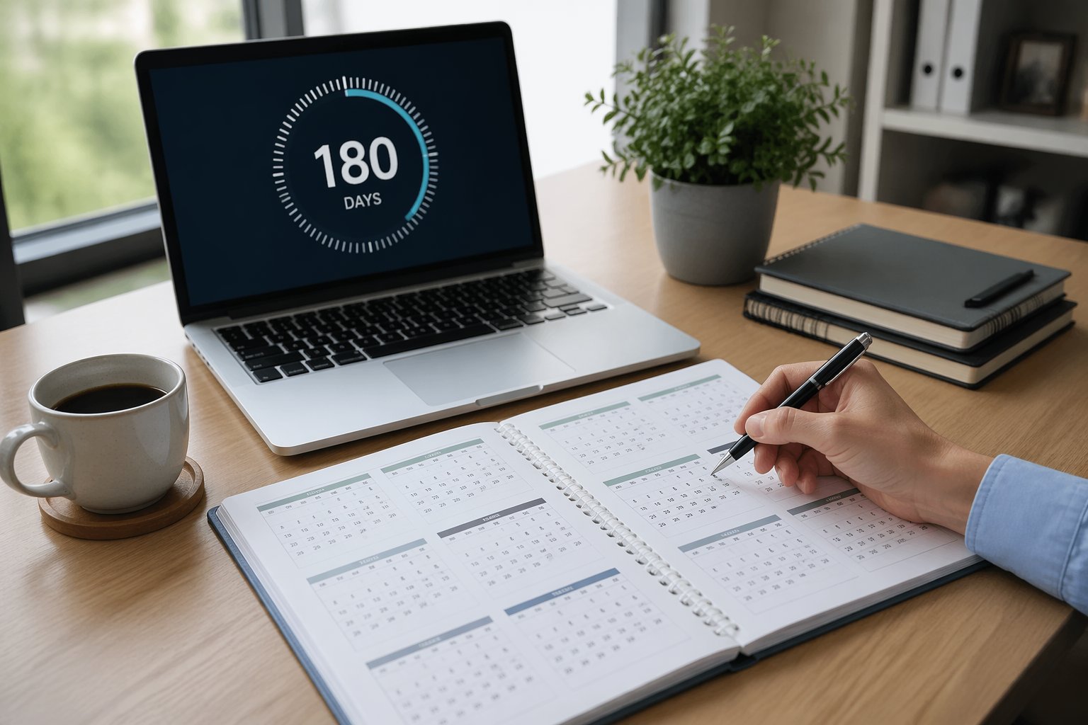 Mesa de trabalho moderna com calendário, laptop mostrando contagem regressiva de 180 dias e mão segurando caneta pronta para marcar datas.