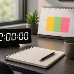 Um espaço de trabalho moderno com um relógio digital mostrando 72 horas e um calendário aberto destacando três dias consecutivos.