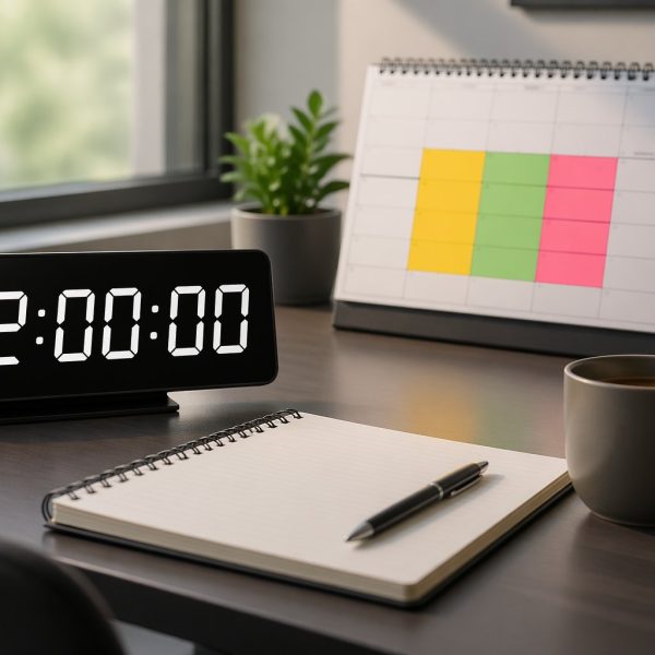 Um espaço de trabalho moderno com um relógio digital mostrando 72 horas e um calendário aberto destacando três dias consecutivos.